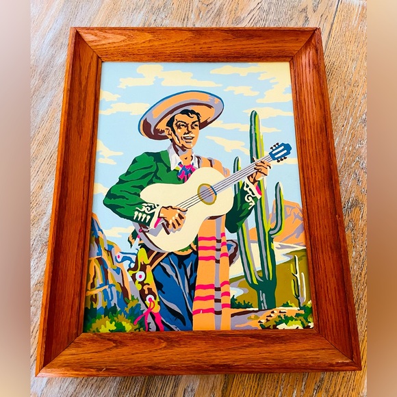 Vintage Other - Vintage MCM Mexican Mariachi Desert Landscape Framed Paint By Number Painting🌵